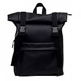 Стильный мужской черный рюкзак роллтоп из экокожи городской, повседневный, ролл, фото 4