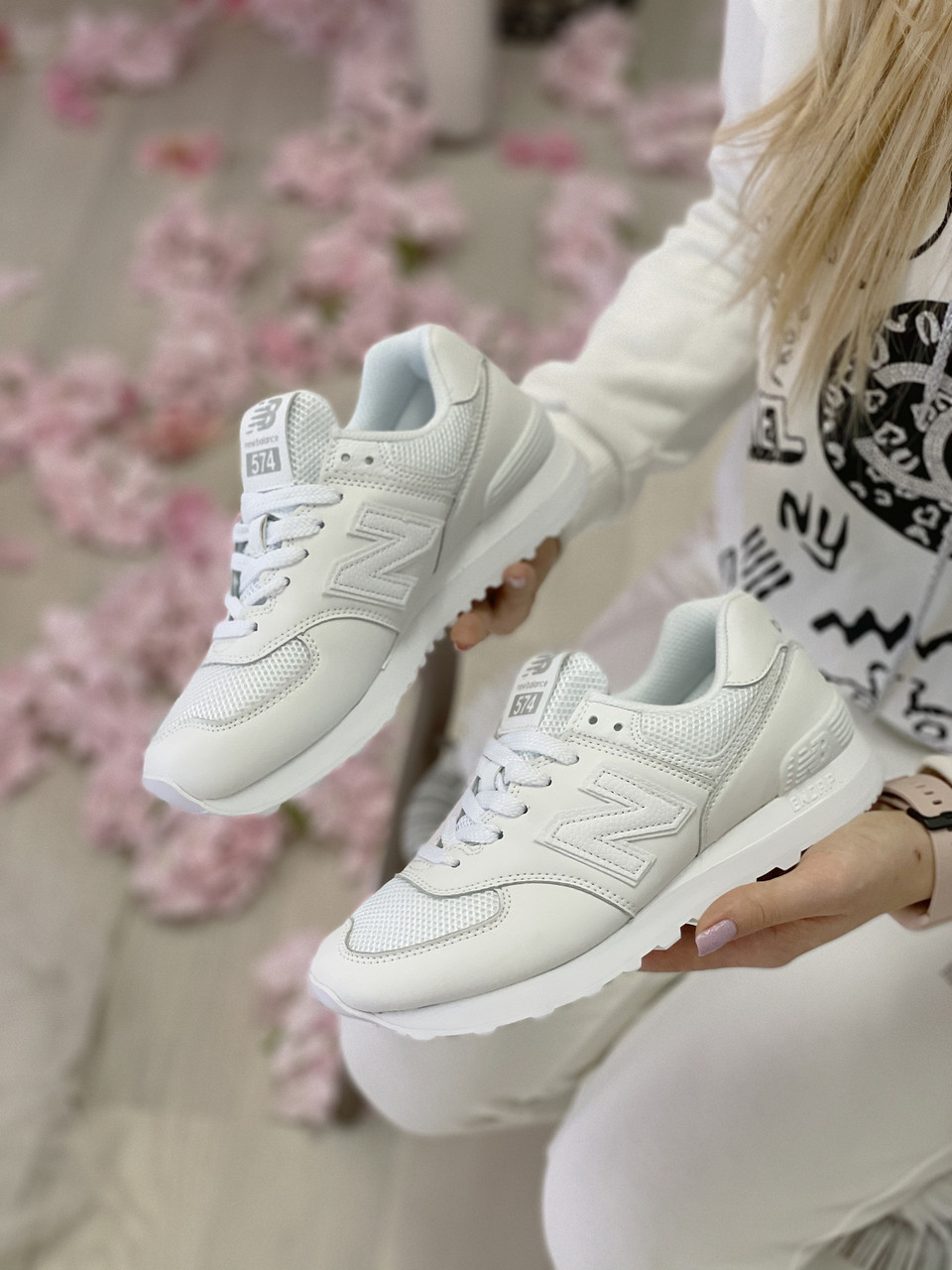 

Кроссовки женские New Balance 574 белые, Нью Баланс 574, натуральная кожа, сетка, прошиты. Код Z-3038, Белый