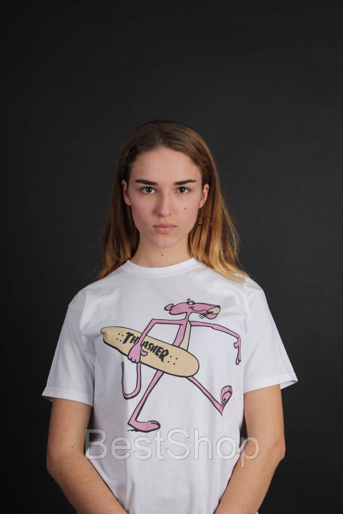 

Белая яркая футболка Thrasher с розовой пантерой, Белый