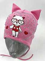ОПТ,  трикотажная шапочка для девочки с завязками «Кошечка в сердце», фото 1