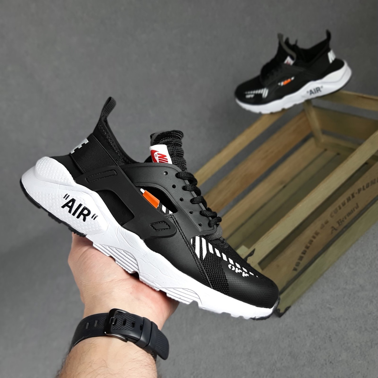 

Мужские кроссовки в стиле Nike Найк Huarache OFF White, черные с белым 45 (28,5 см), Черный