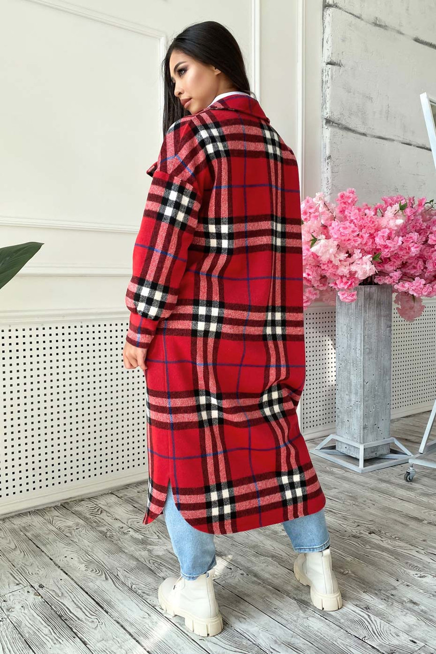 Стильное кашемировое пальто–рубашка в клетку 1685 (42–48р) в расцветках 4586 красный, фото 5