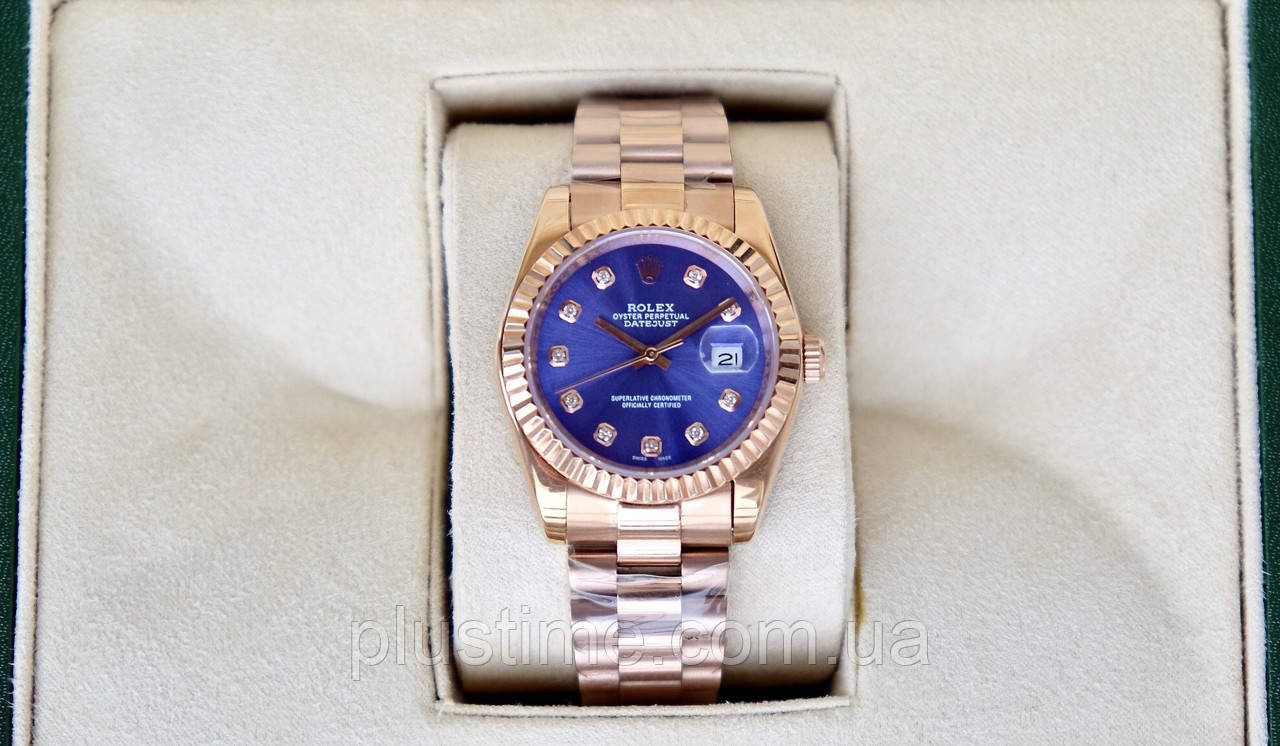 

Женские часы Rolex Date just rose gold blue ААА наручные на стальном браслете с календарем и сапфиром