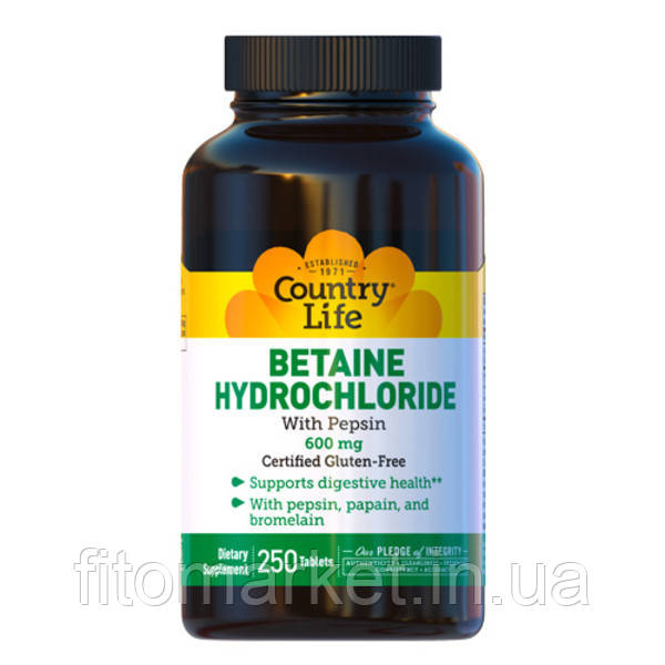 

Бетаин Гидрохлорид (Betaine Hydrochloride) 600мг 250 таблеток ТМ Кантри Лайф / Country Life