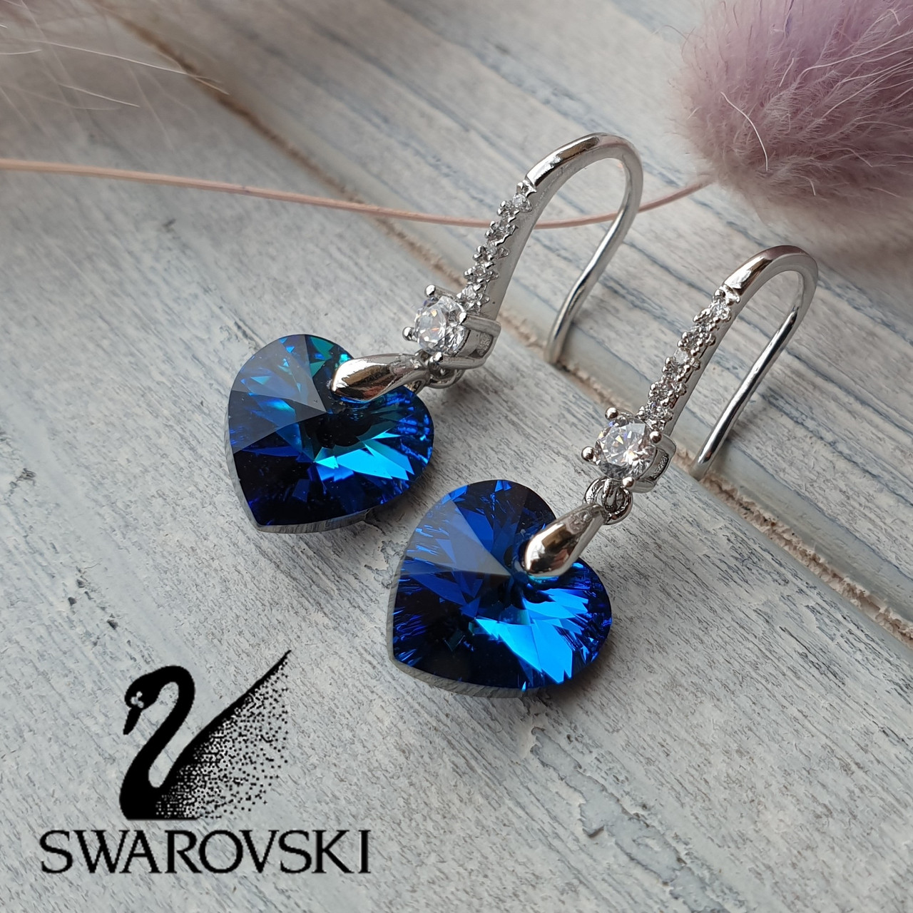 

Серьги с синими камнями Сваровски (Swarovski). Покрытие родий. Серьги XUPING