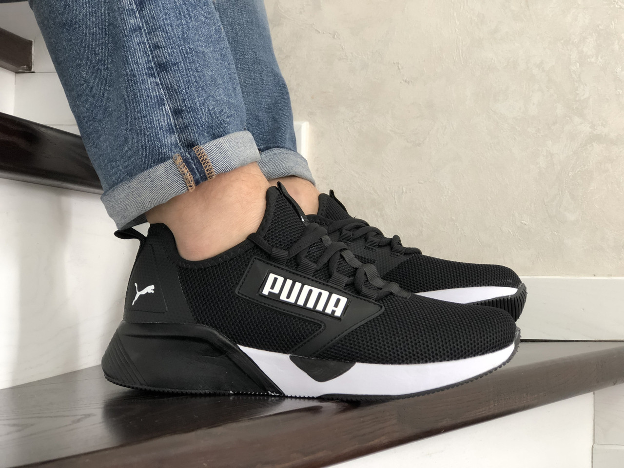 

Весенние мужские кроссовки Puma,текстиль, черно белые 44р, Черный