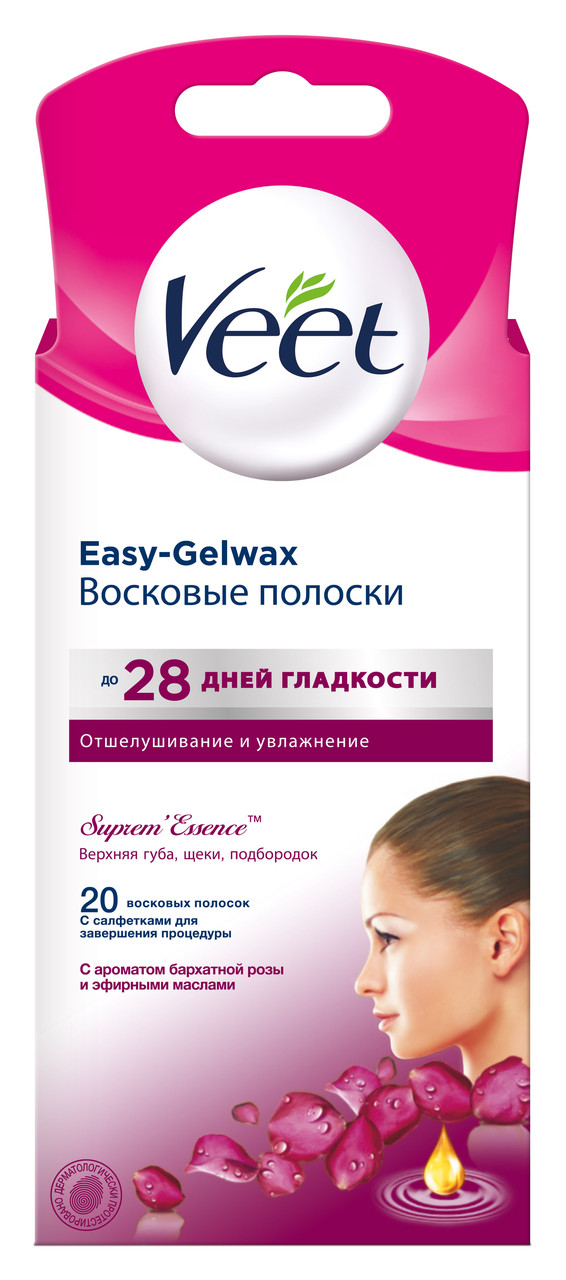 

Восковые полоски Veet для чувствительных участков тела (лицо) с ароматом розы и эфирными маслами, 20 шт.