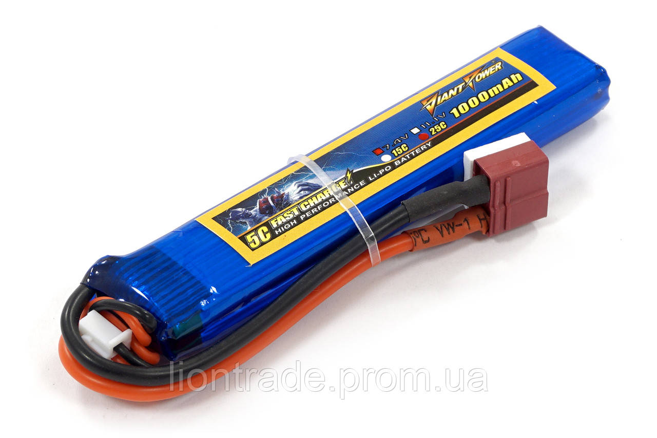 

Аккумулятор для страйкбола Giant Power (Dinogy) Li-Pol 7.4V 2S 1000mAh 25C 11.5х20х103мм T-Plug