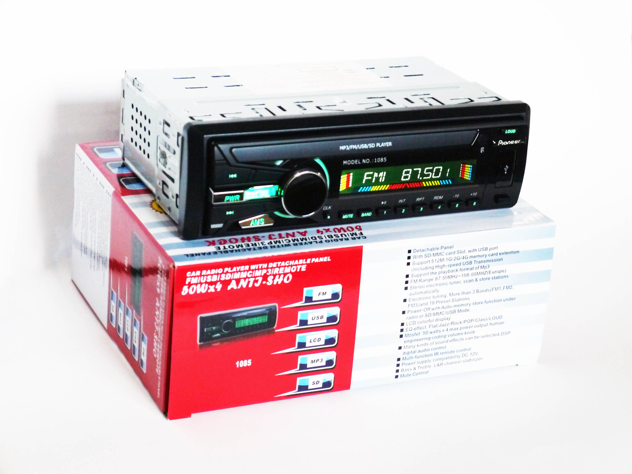 

Автомагнитола Pioneer 1085 ISO Съемная панель USB+SD+FM+пульт (4x50W)