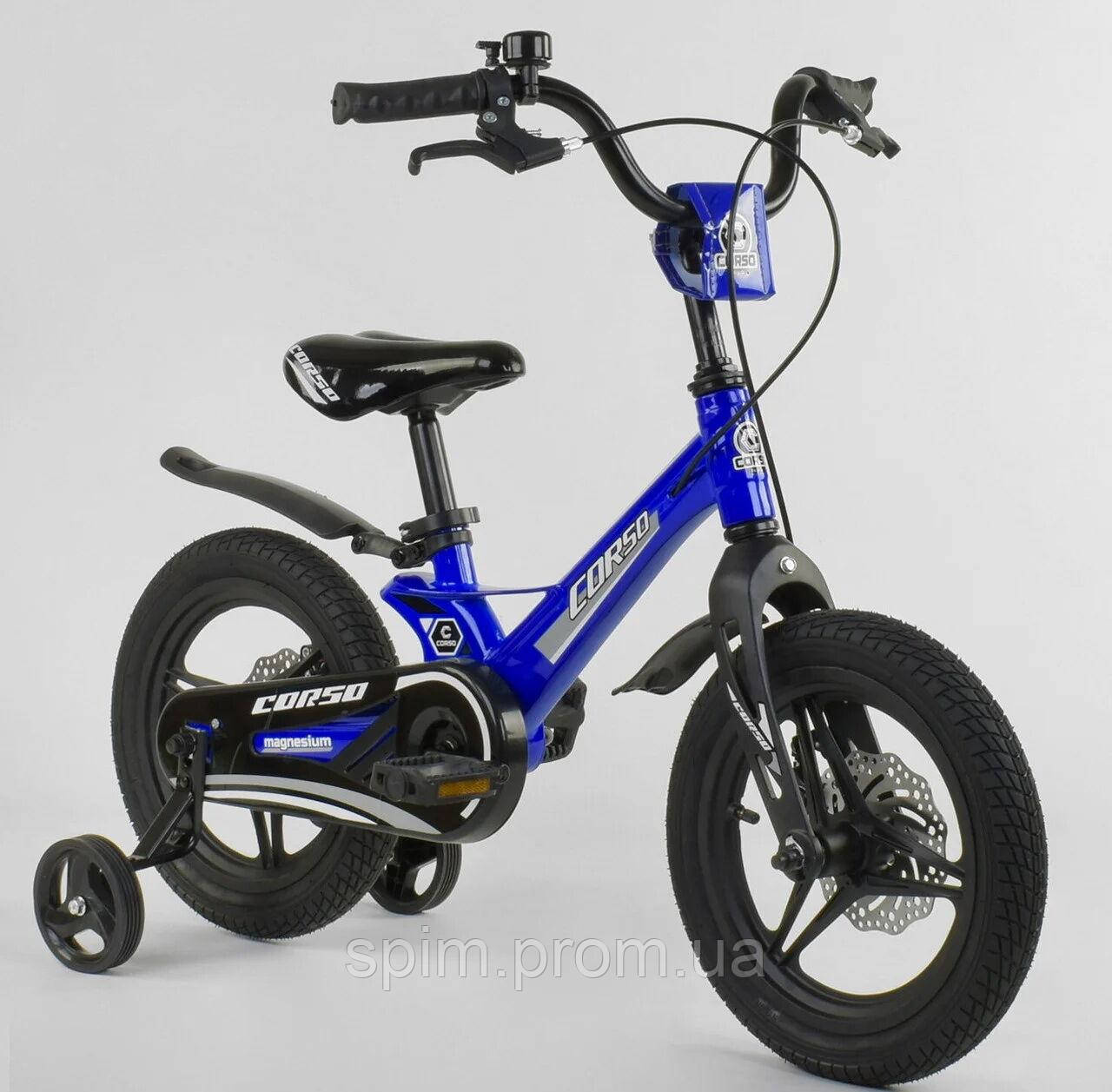 

Детский двухколёсный велосипед 14" с магниевой рамой литыми дисками дисковые тормоза Corso MG-85328 синий