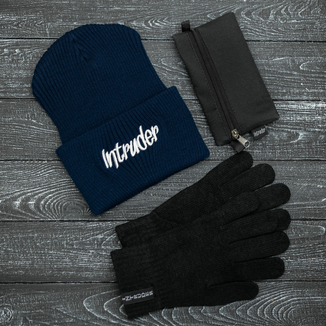 Мужская | Женская шапка Intruder синяя зимняя big logo + перчатки черные, зимний комплект