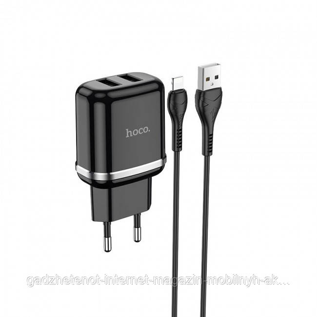 

Сетевое зарядное устройство Hoco N4 (комплект с кабелем Lightning, для iPhone) 2USB, 2,4A Black, Черный