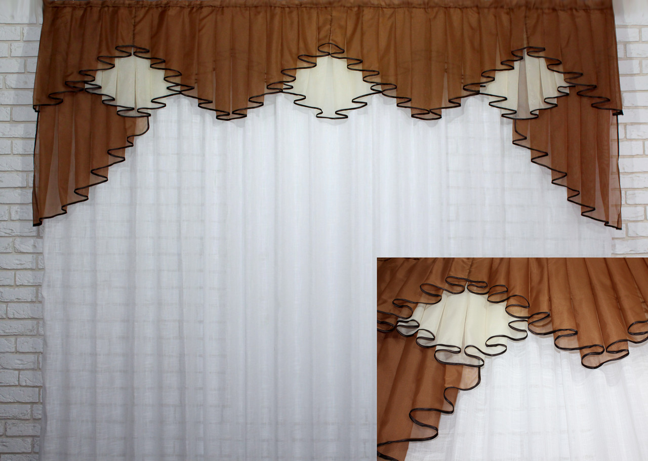 Ламбрекен из ткани шифон на карниз 2,6м. №093л, цвет коричневый с бежевым. Код 60-083