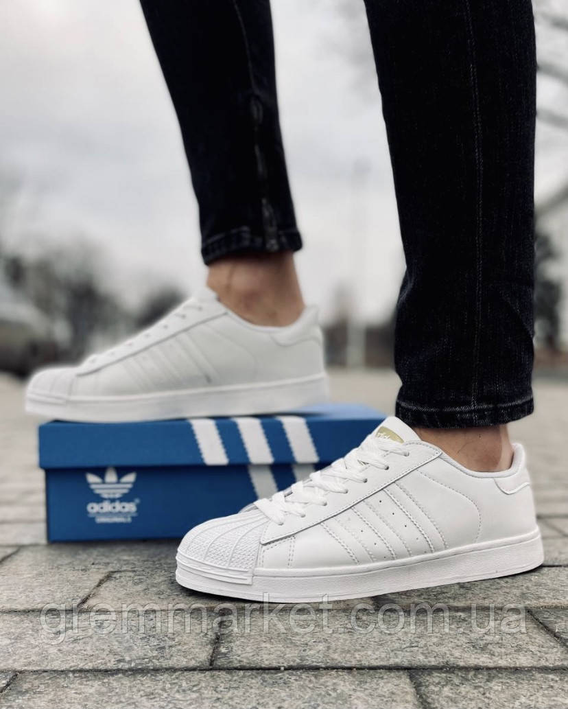 

Мужские кроссовки Adidas Superstar белые Натуральная кожа 45, Черный