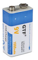 Акумулятор 6F22 Крона 9V вольт GTF 1000 mah з можливістю зарядки від USB Підходить для Пинпоинтера