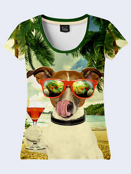 Жіноча футболка з принтом Собака з коктейлем