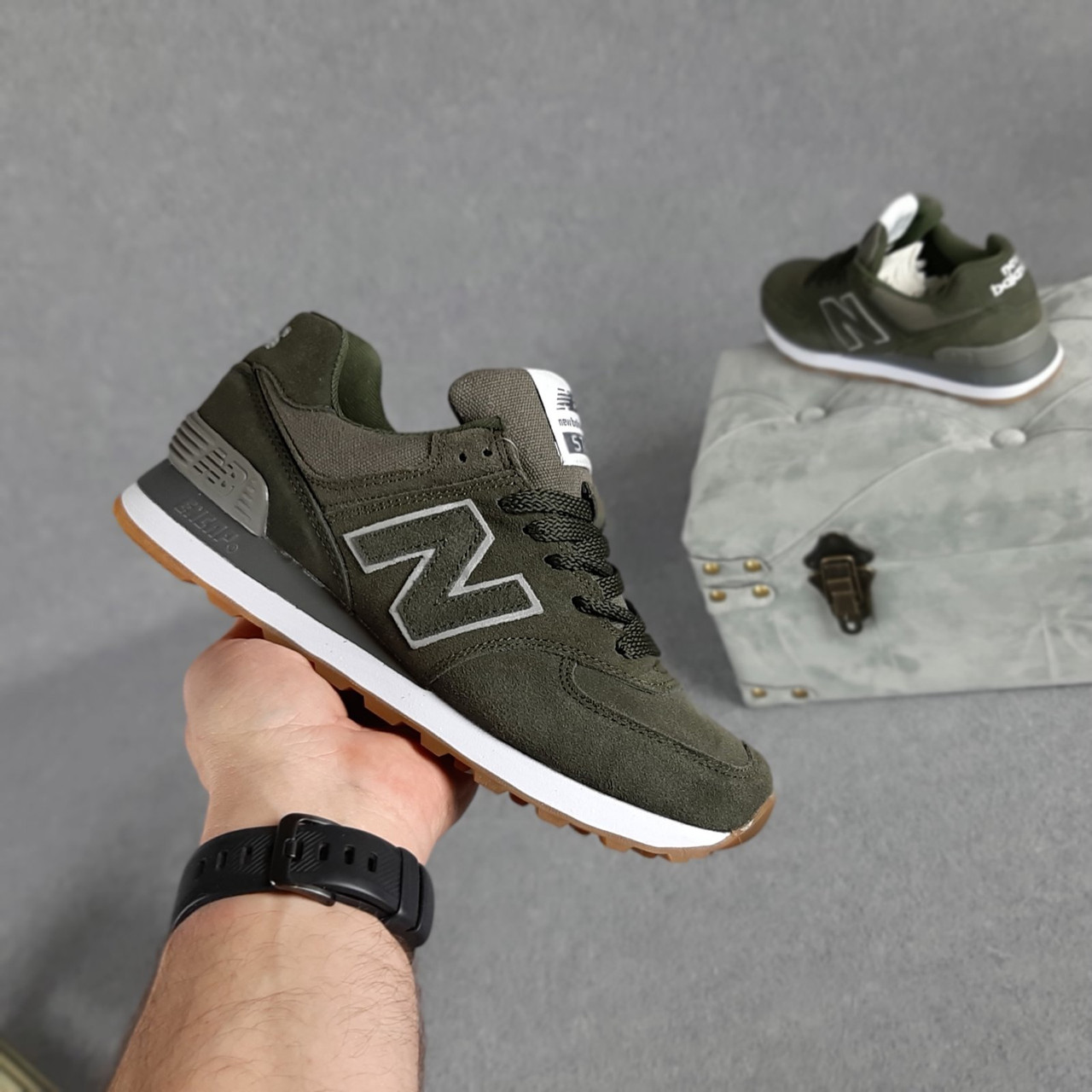 

Кроссовки женские New Balance 574 бутылочные, Нью Баланс 574, натуральная замша, прошиты. Код OD-20345 40, Хаки