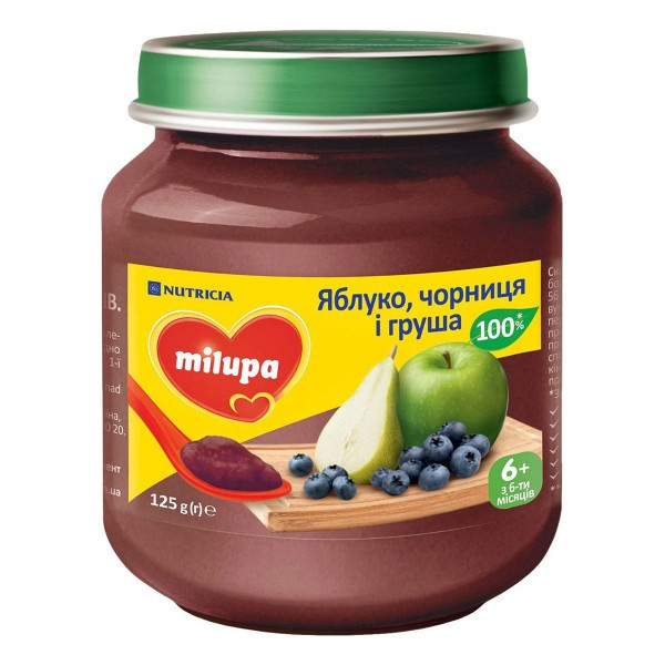 

Пюре MILUPA Яблуко-чорниця-груша 125г с/бан. Nutricia Чехія /від 6-ти міс./