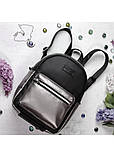 Стильный детский рюкзак для девочки, городской повседневный и эко-кожи черный - серебристый металлик, фото 6