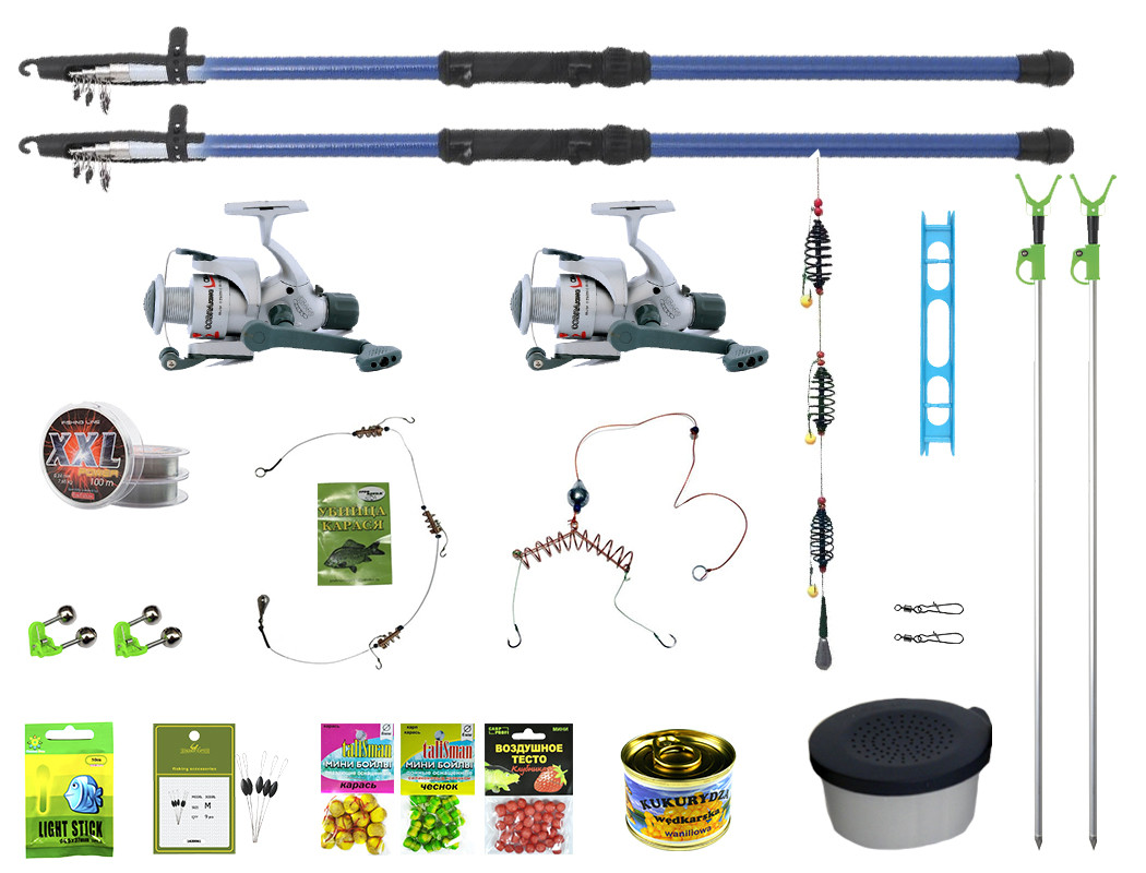 

Набор для рыбалки: Удилище с катушкой 2 шт, + кормушка + оснастка + подставка для удилища и прочее.