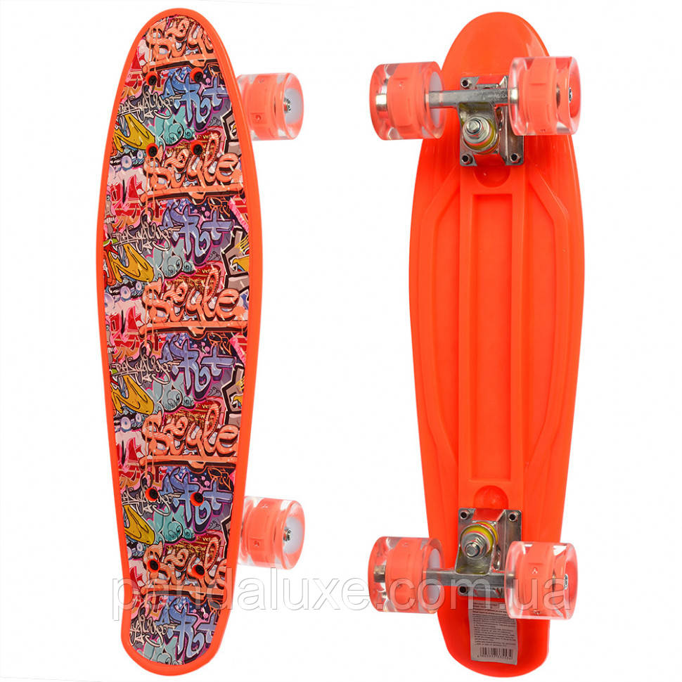 

Скейт детский пенниборд скейтборд Penny Board 55*15 см со светящимися колесами и рисунком (Оранажевый), Оранжевый