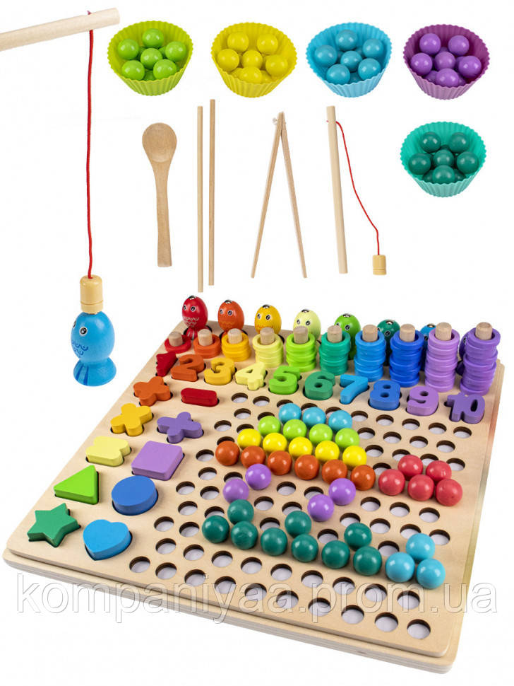 Детская деревянная игрушка 4 в1 (мозаика, пирамидки, рыбалка, цифры) WD2703