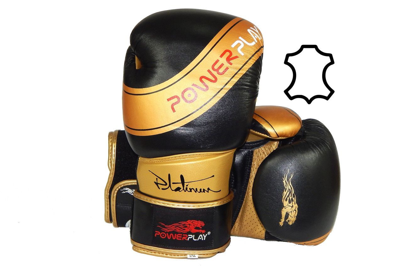 Боксерські рукавиці PowerPlay 3023 Чорно-Золоті [натуральна шкіра] 10 унцій