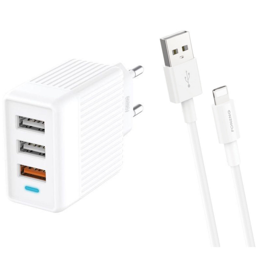 

Зарядное устройство + кабель Lightning FONENG EU32 (2xUSB/1x USB QC, Whtie