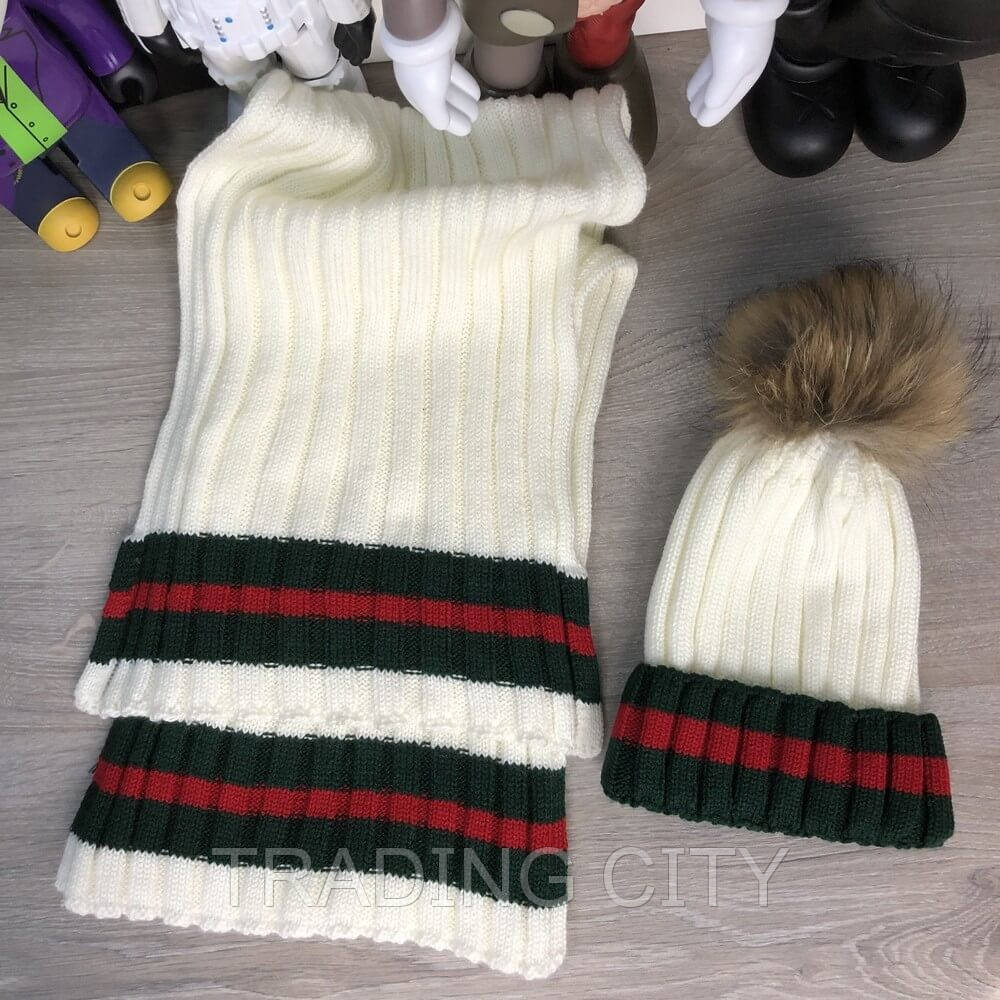 

Gucci Winter Hat Knitted Pompon and Scarf Web Milky