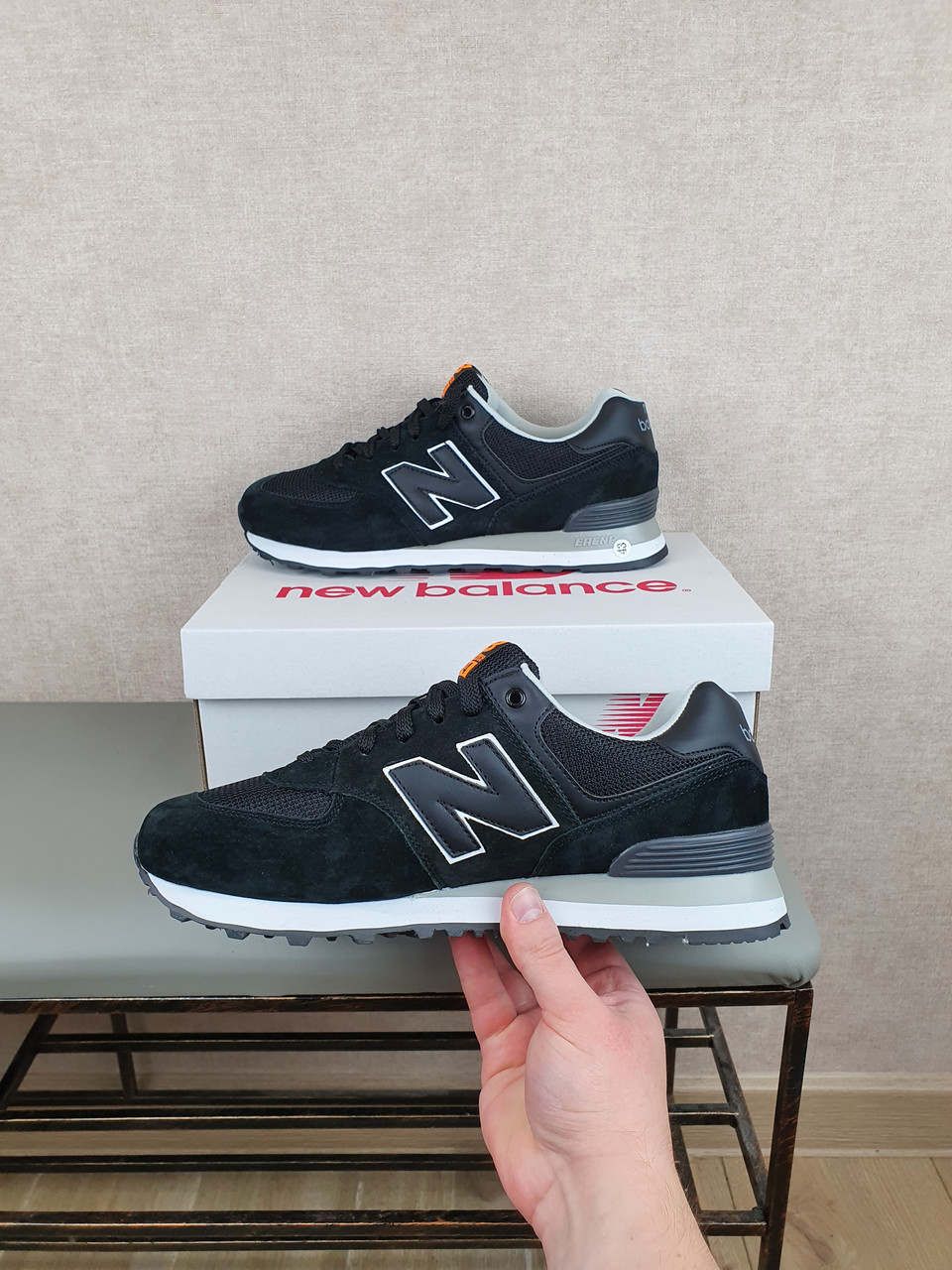 

New Balance 574 Black кроссовки мужские черные. Обувь мужская Нью Беленс 574 весна лето (Беланс, Баланс) замша, Черный