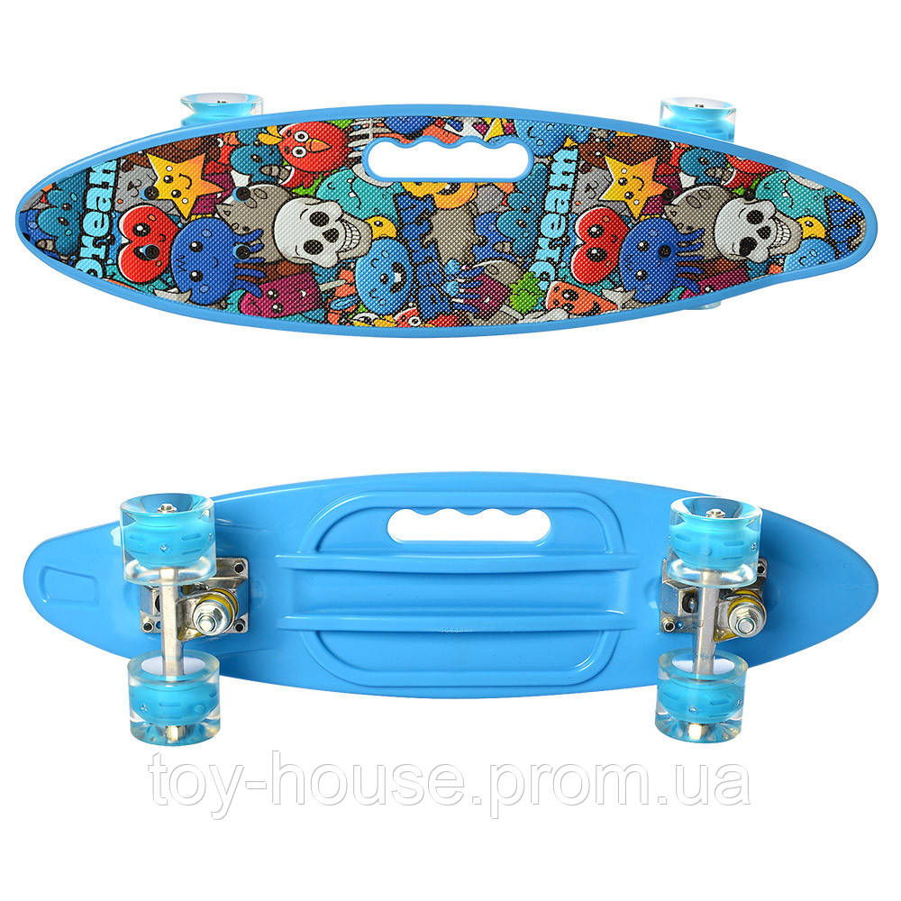 

Скейт (пенни борд) Penny board (колеса светятся) ГОЛУБОЙ С ОРАНЖЕВЫМИ КОЛЕСАМИ арт. 0461-2