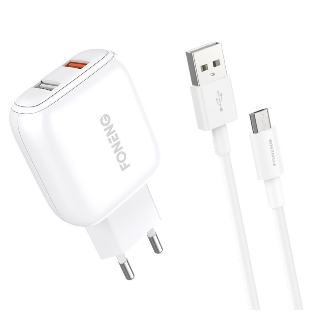 

Зарядное устройство + кабель Micro USB FONENG EU36 (1xUSB/1x USB QC, Whtie