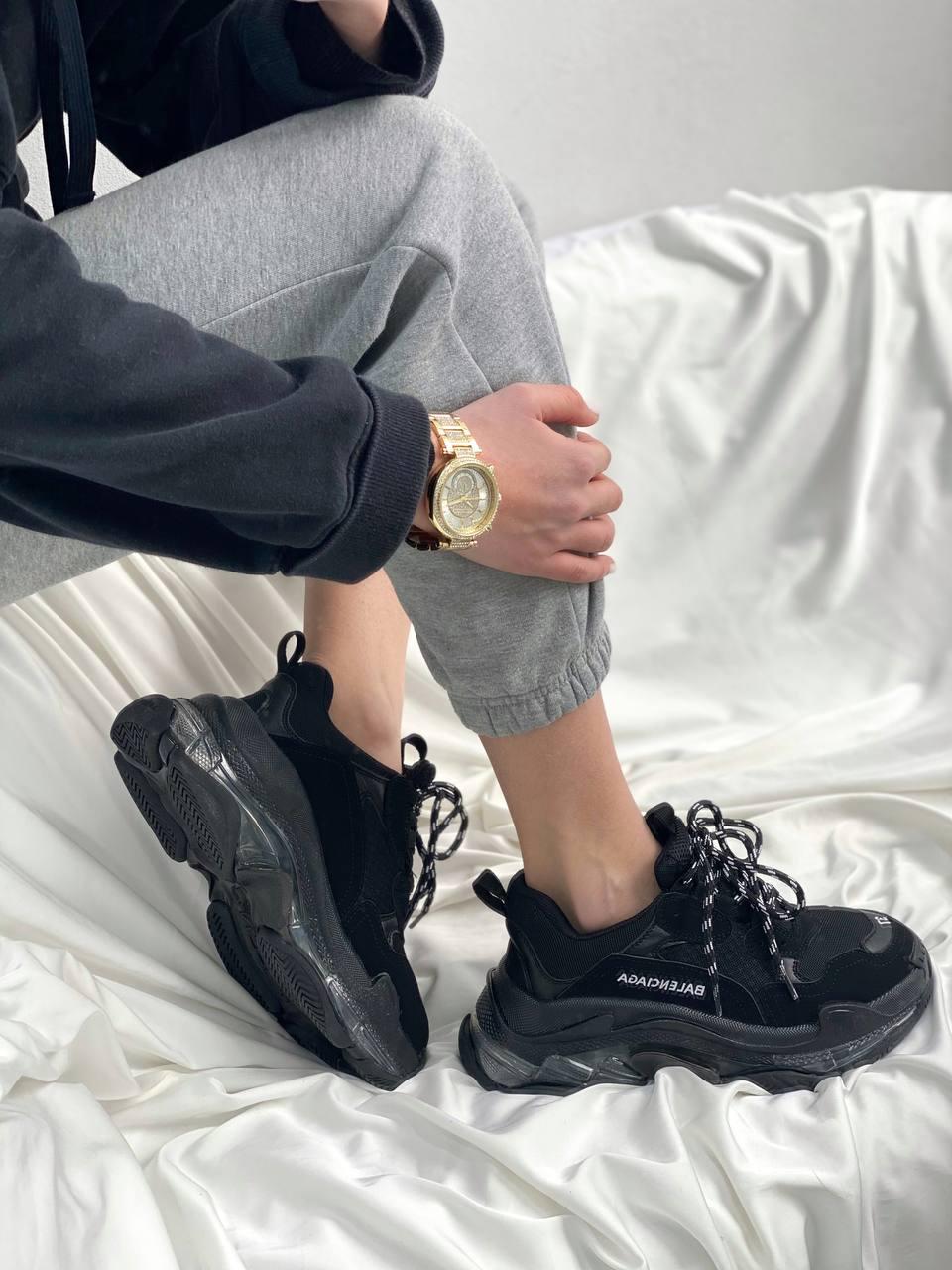 

Женские кроссовки Баленсиага кожаные брендовые черные белые Balenciaga Triple S Clear Black, Черный