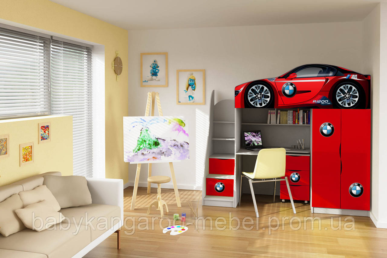 

Детская кровать-комната BEDROOM №1 BRAND BMW Красный сп.м 1700*800+Комод 3 Кровать чердак