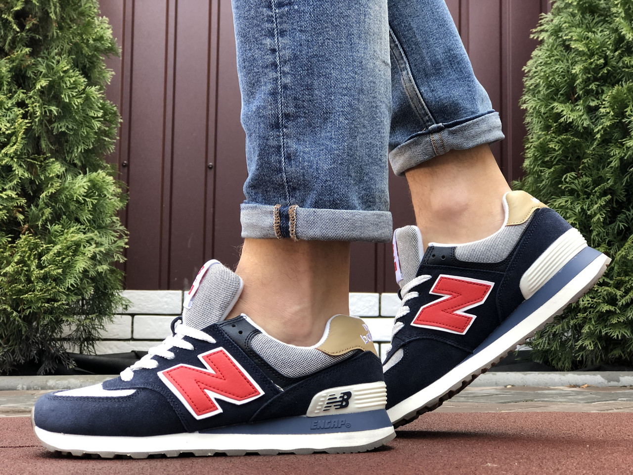 

Кроссовки мужские New Balance 574 синие с красным, Нью Баланс 574, замша, текстиль. Код SD-10376, Синий