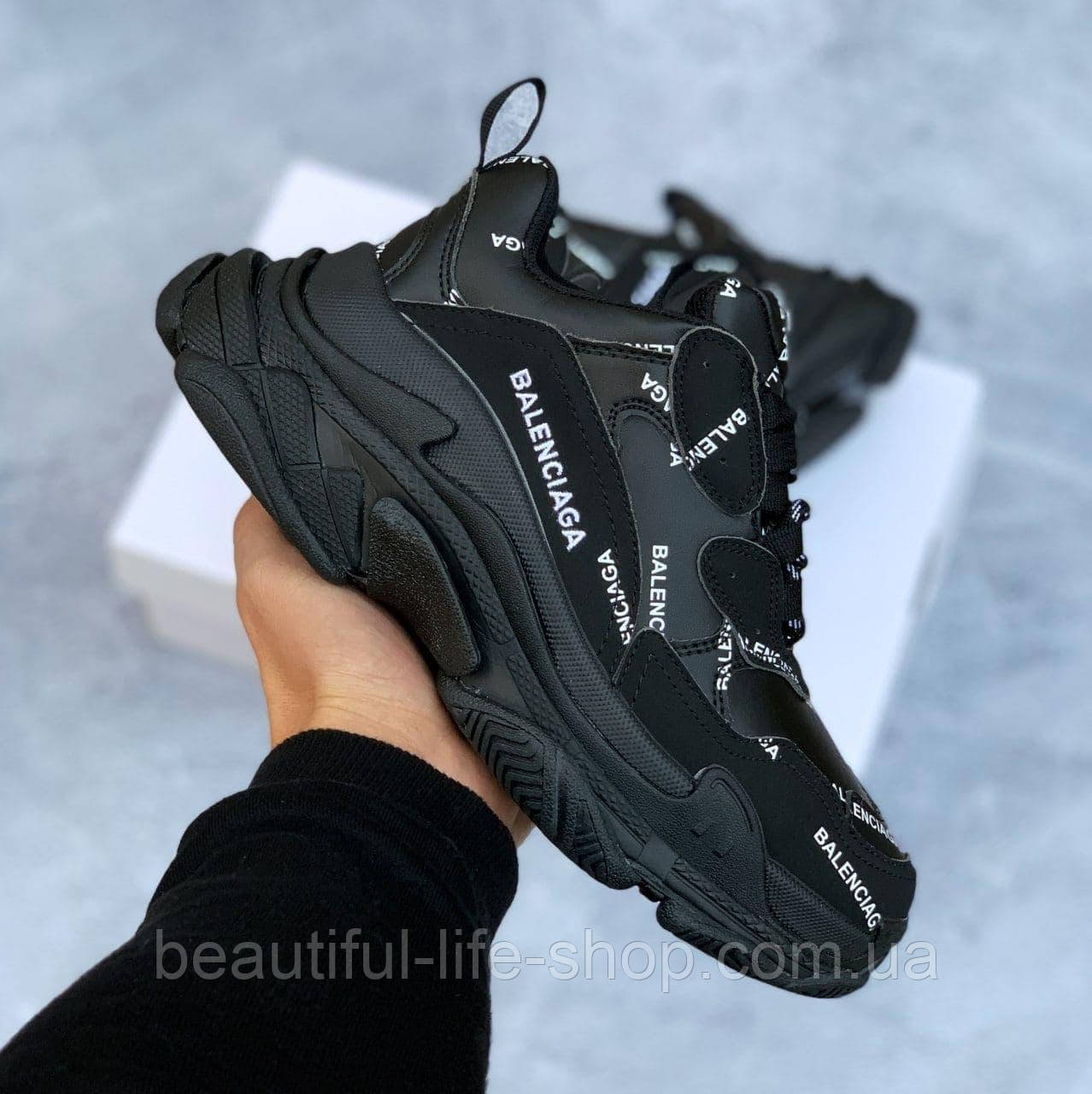 

Кроссовки мужские кожаные BALENCIAGA Triple S Black черные, Черный