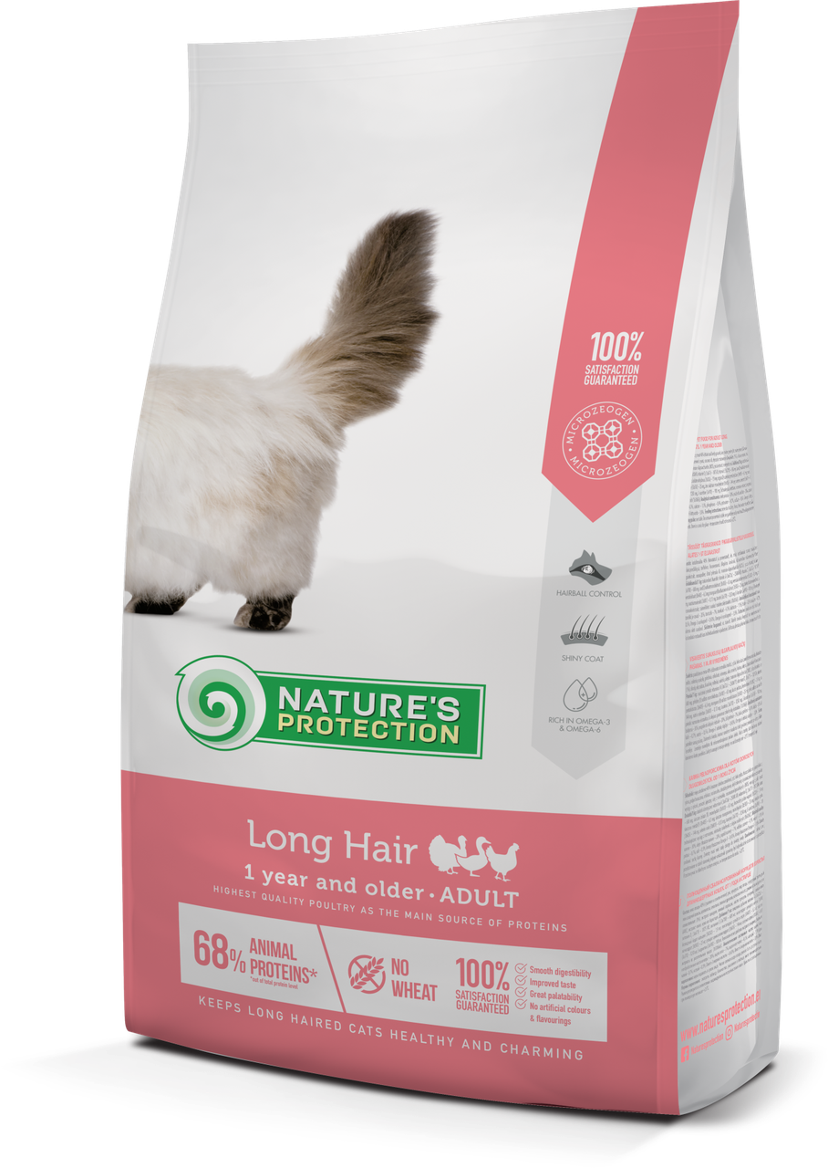 

Natures Protection Long hair, для взрослых длинношерстых котов, птица, 2 кг