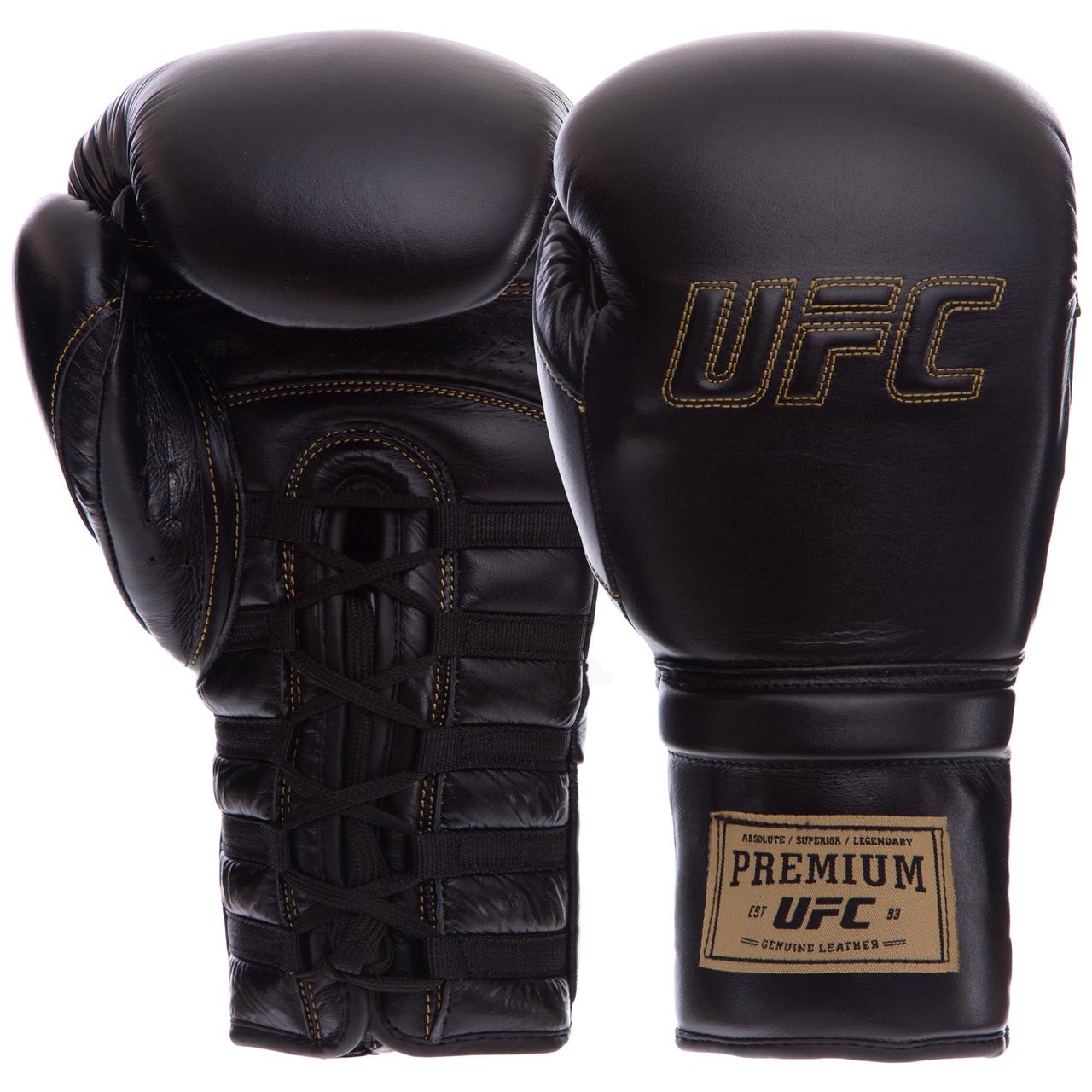 

Перчатки боксерские кожаные на липучке UFC PRO Prem Lace Up UHK-75045 (р-р 14oz, черный)