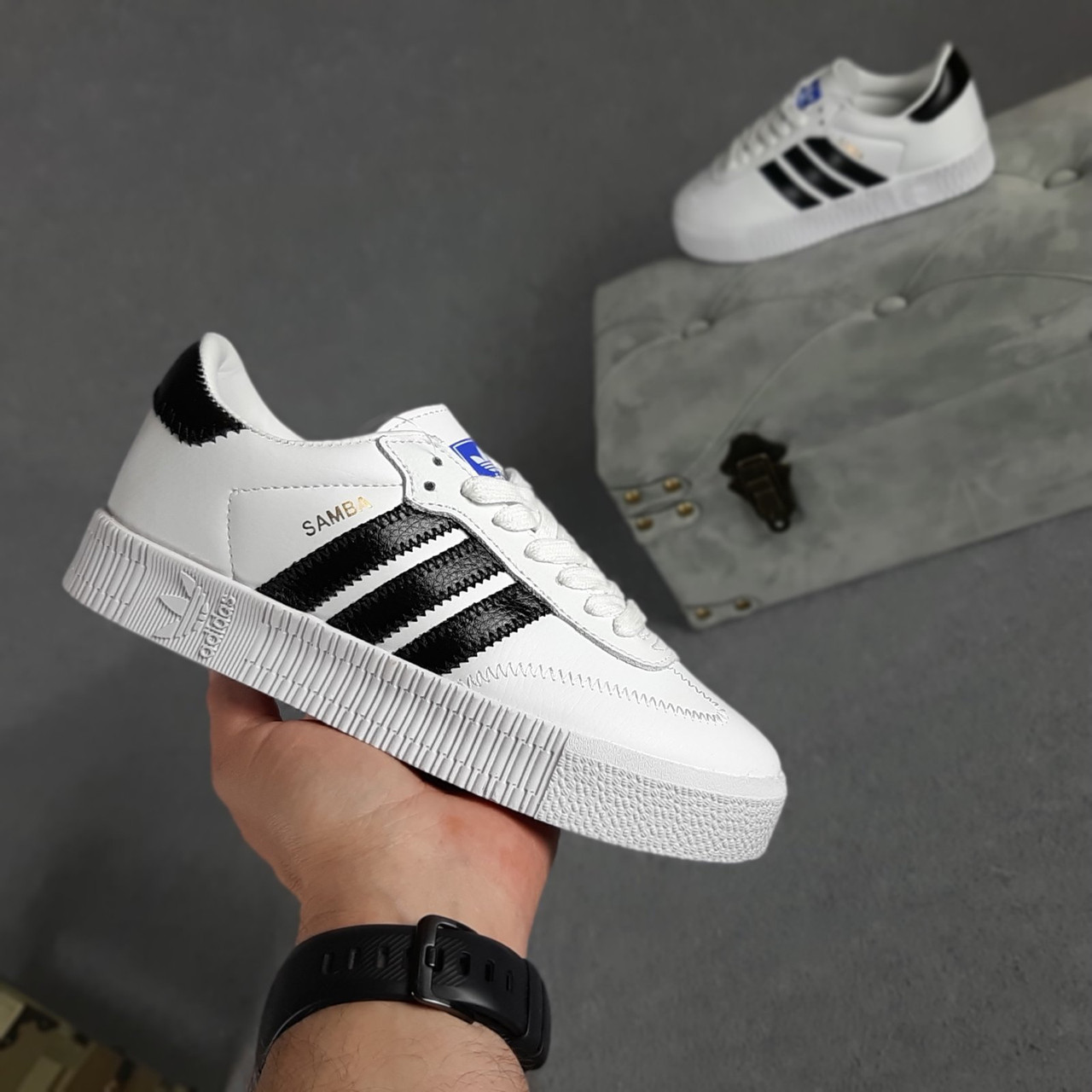 

Женские кроссовки в стиле Adidas Адидас Samba, белые с черным 39 (24,5 см), Белый