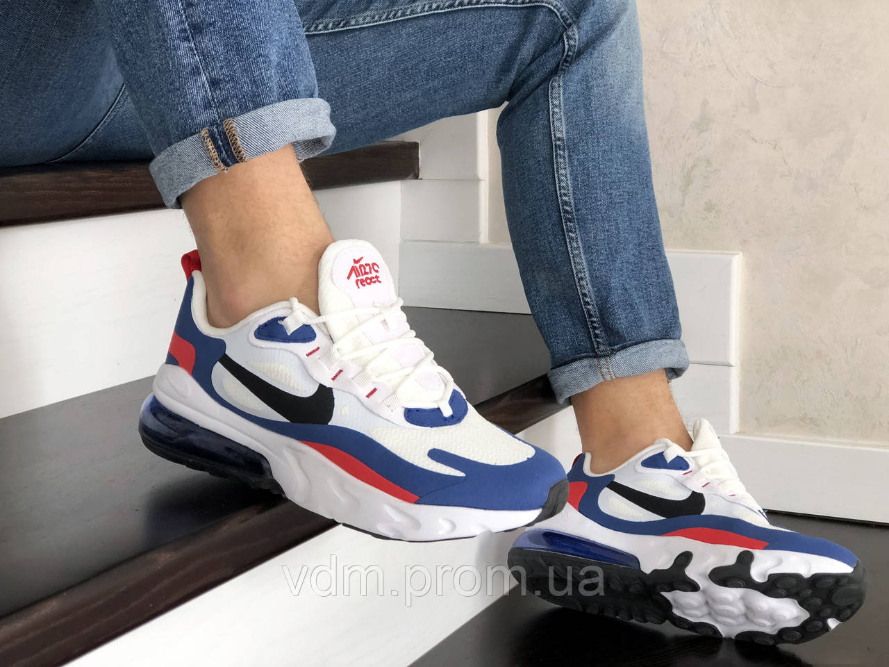 

Кроссовки мужские Nike Air Max 270 React в стиле Найк Аир Макс,текстиль, код SD-10418. Белые с синим, Черный