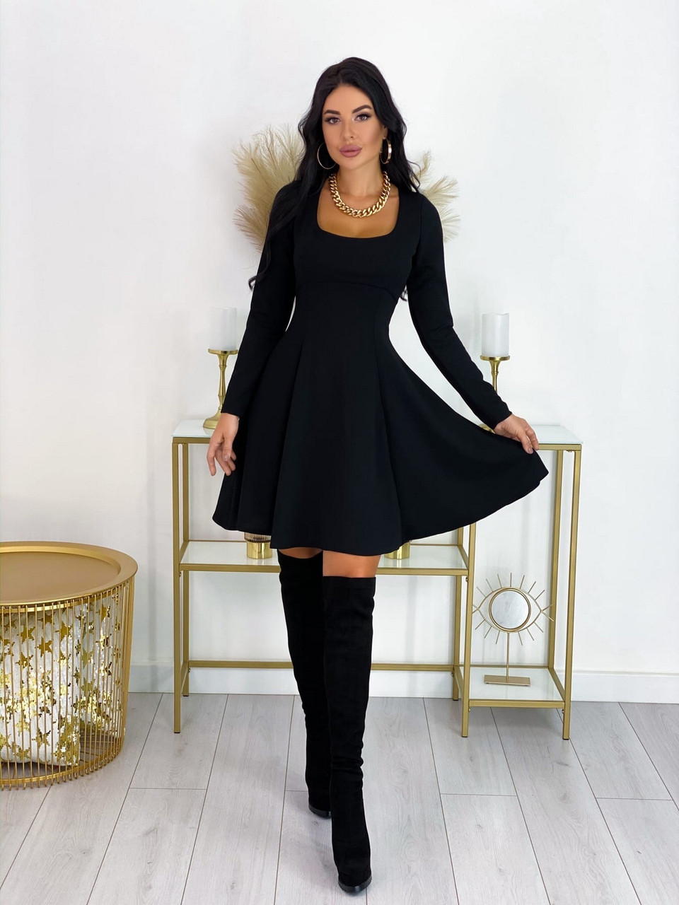

Элегантное платье юбка клеш с открытой грудью, 00365 (Черный), Размер 48 (XL)