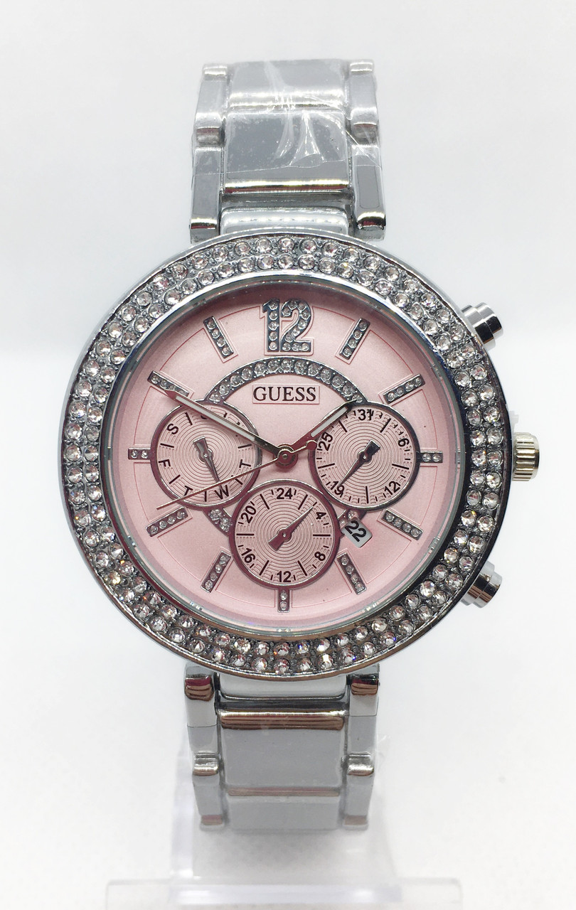 

Часы женские наручные Guess (Гесс), серебро с розовым циферблатом ( код: IBW628SP )