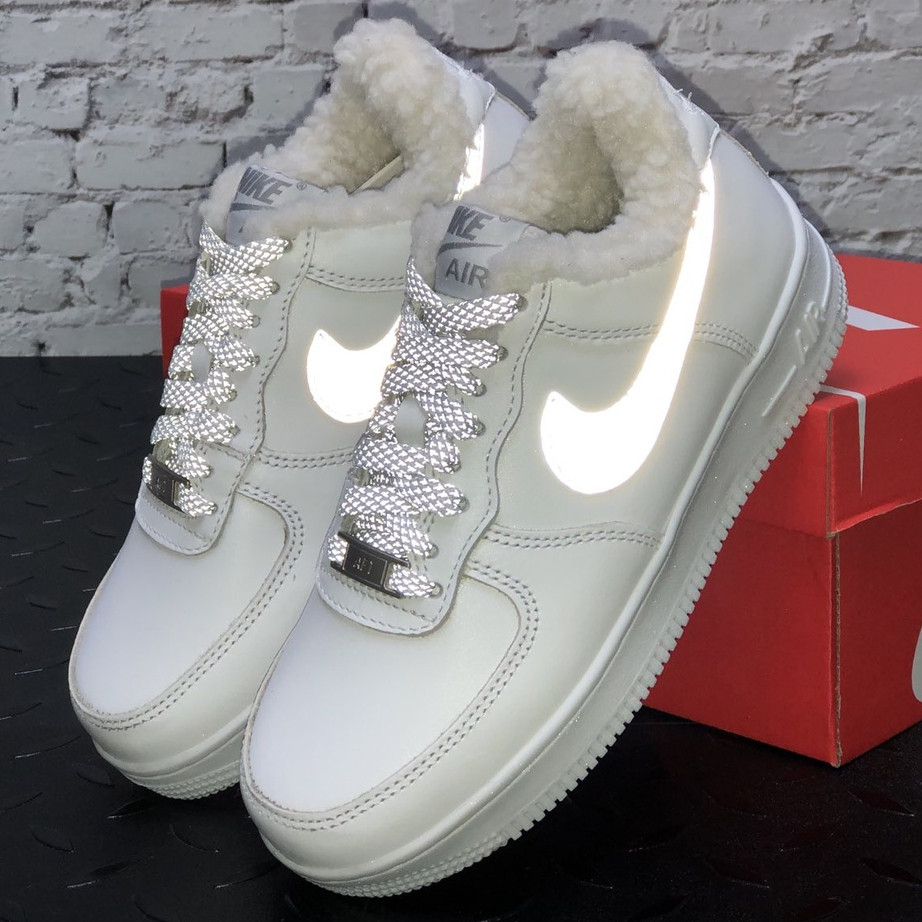 

Мужские зимние кроссовки в стиле Nike Air Force 1 Low, натуральная кожа, (с мехом), белый, (рефлектив), Китай