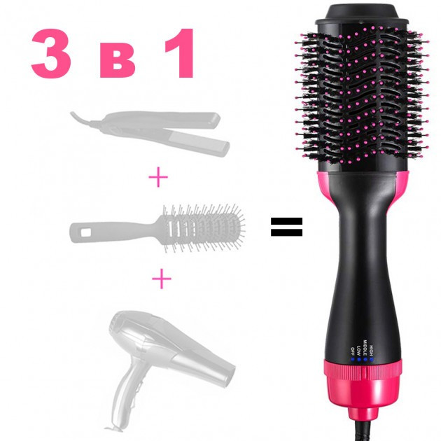 Фен гребінець щітка для укладки волосся, стайлер One Step Hot Air Brush 3 в 1 з іонізацією 2 швидкості, 3 температурних режиму Чорно-рожевий 