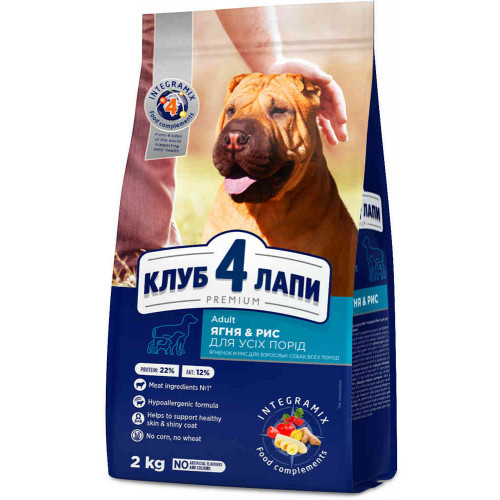 

Сухой корм Клуб 4 Лапы Adult All Breeds Premium для взрослых собак всех пород, с ягнёнком и рисом, 2 кг