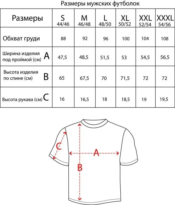 таблица размеров мужских футболок