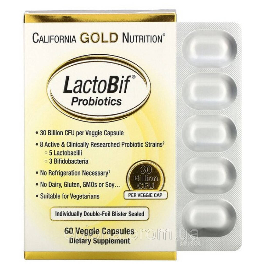 

California Gold Nutrition LactoBif, пробиотики, 30 млрд К.О.Е., 60 вегетарианских капсул Калифорния Лактобиф