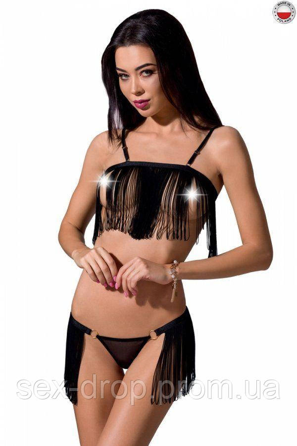 

Комплект белья KASSANDRA SET OpenBra black L/XL - Passion Exclusive: лиф из бахромы, трусики-юбка