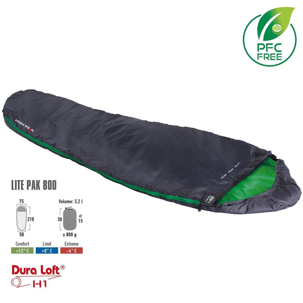 

Спальный мешок High Peak Lite Pak 800/+8°C Anthra/Green Left (23272)