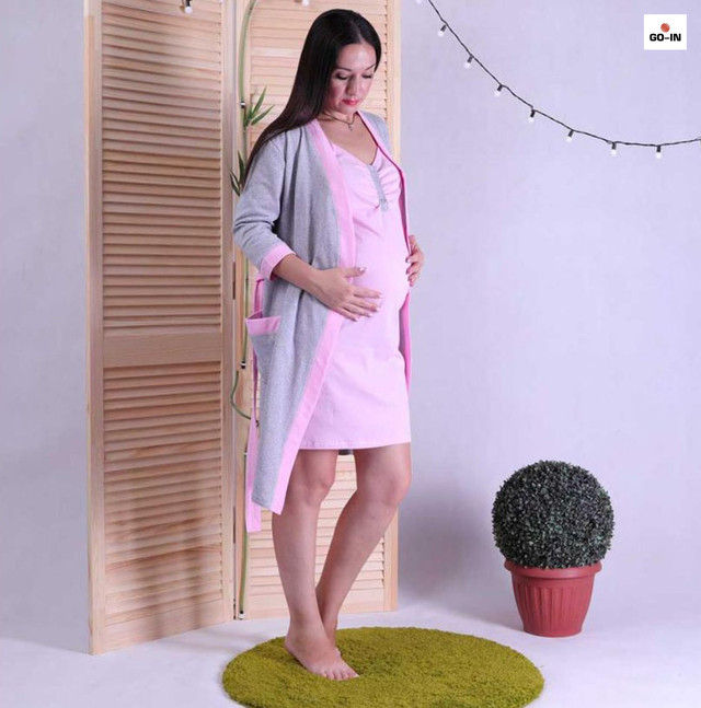 Женский комплект в роддом халат и сорочка, для беременных и кормящих мам розовый 